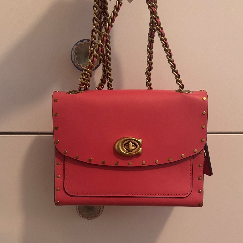 Coach Pink Leather Studded Shoulder crossbody  Bag